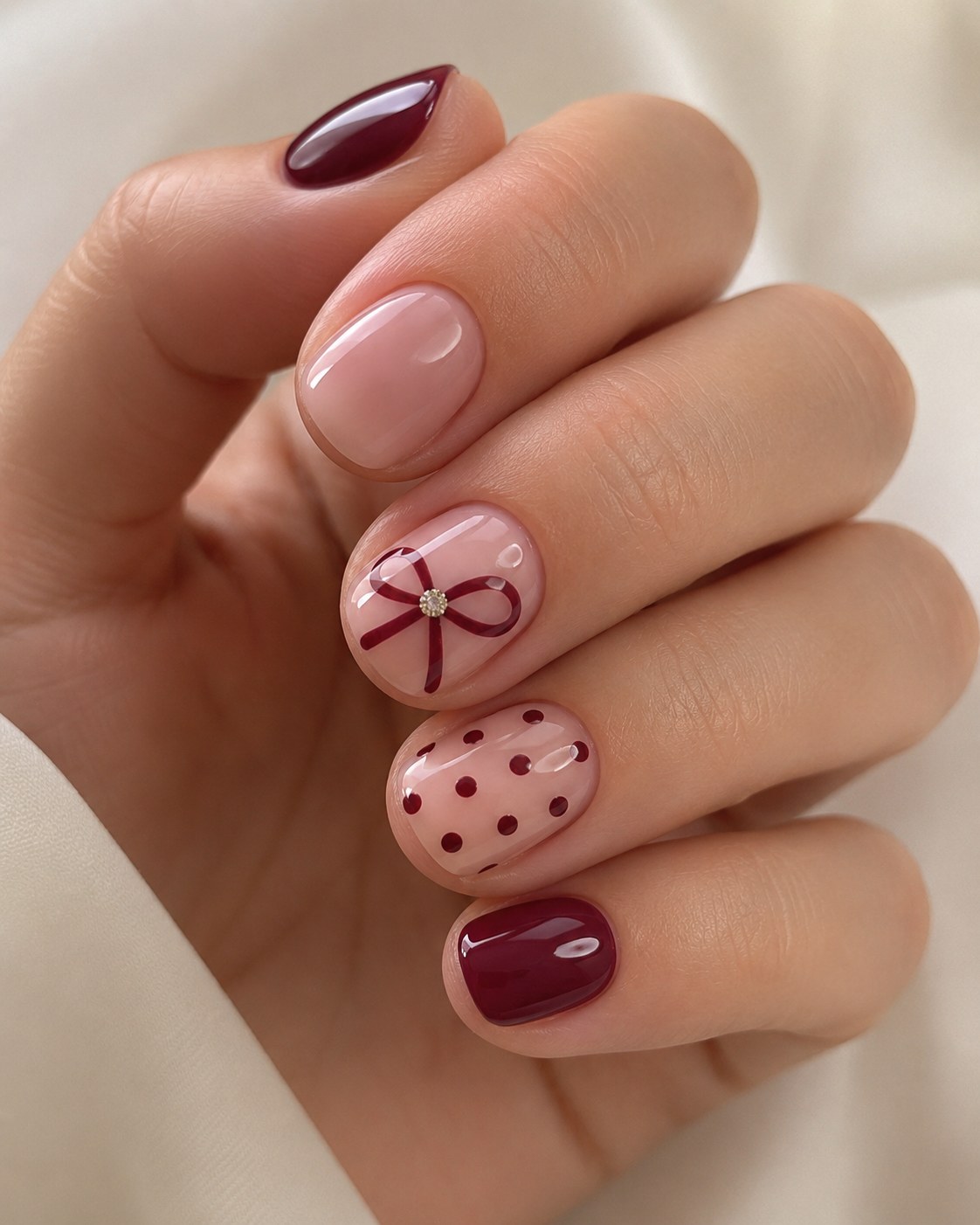 Short shellac nails in wine red with a nude accent nail and hand-painted bow
