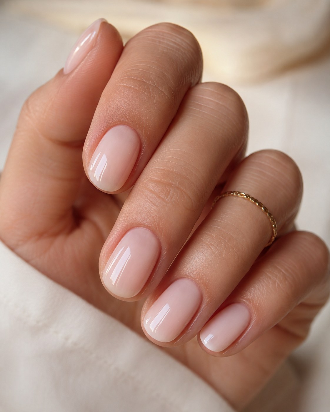 Short shellac nails in a sheer glazed pink with a high-gloss natural finish