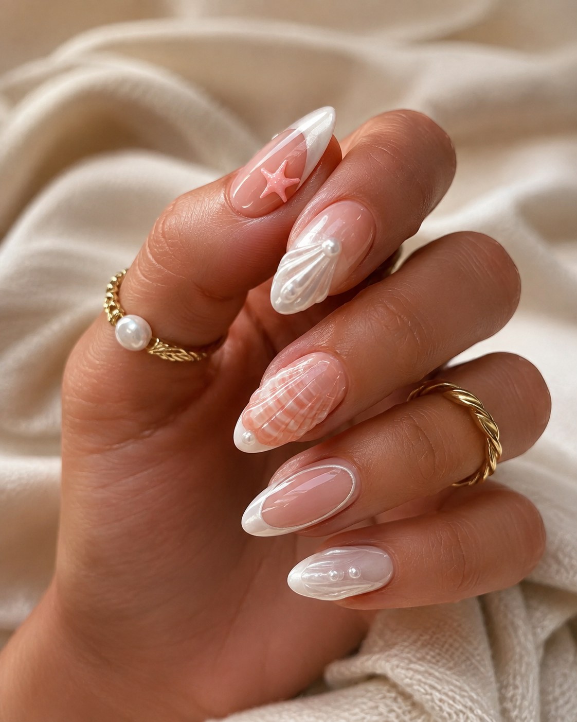 Pearl-finish short summer nails with shell and starfish negative-space accents