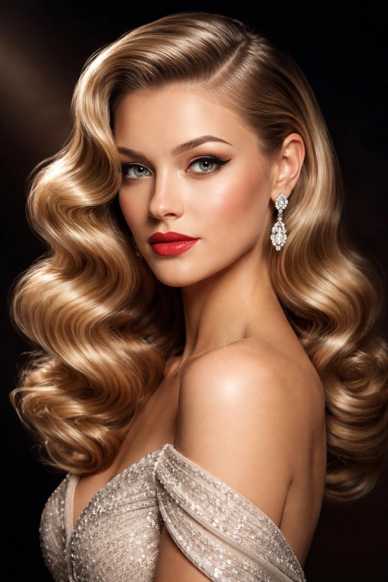 Voluminous side swept Hollywood waves
