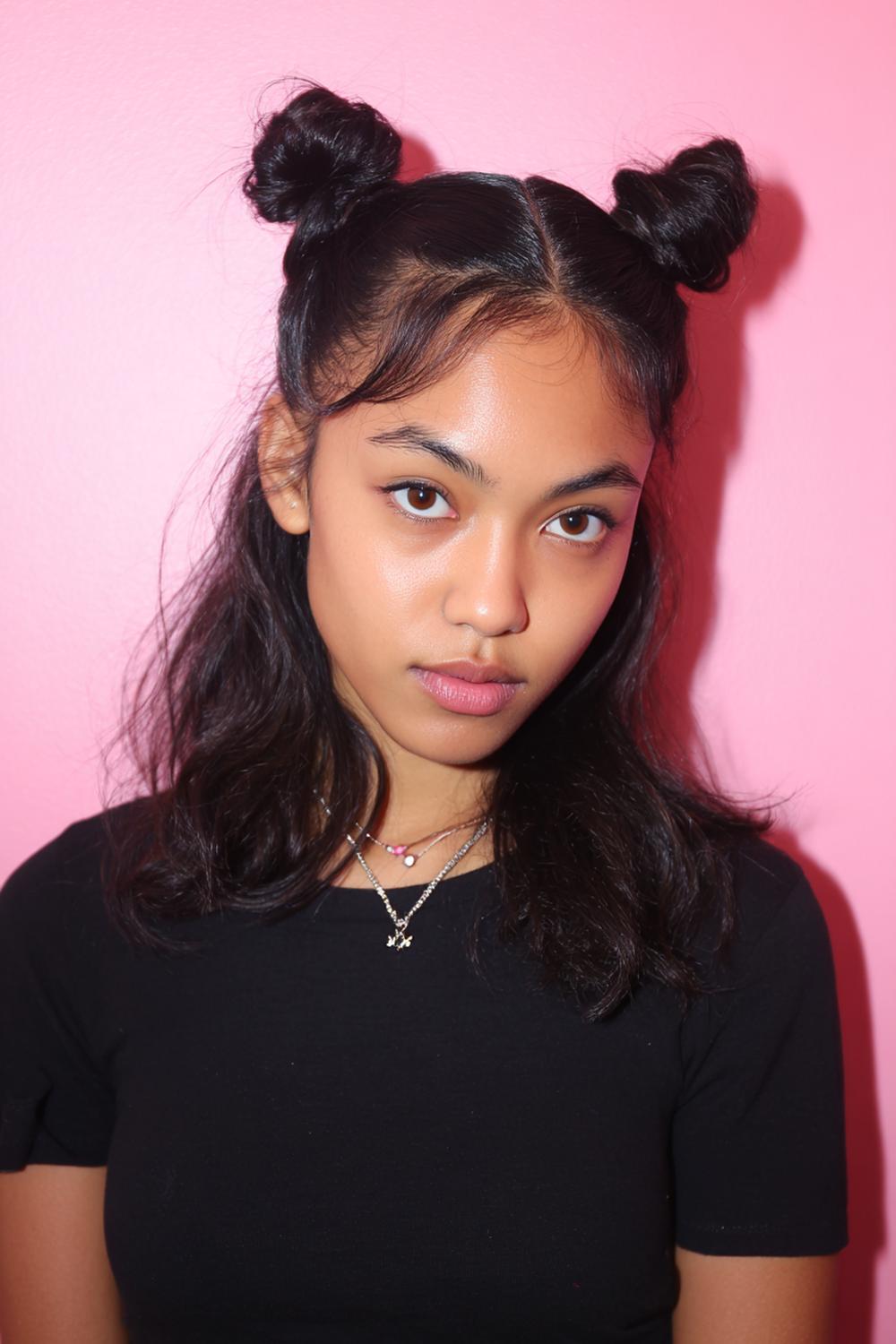 17. Simple Hairstyles for Long Hair: Space Buns With Symmetrical Parting