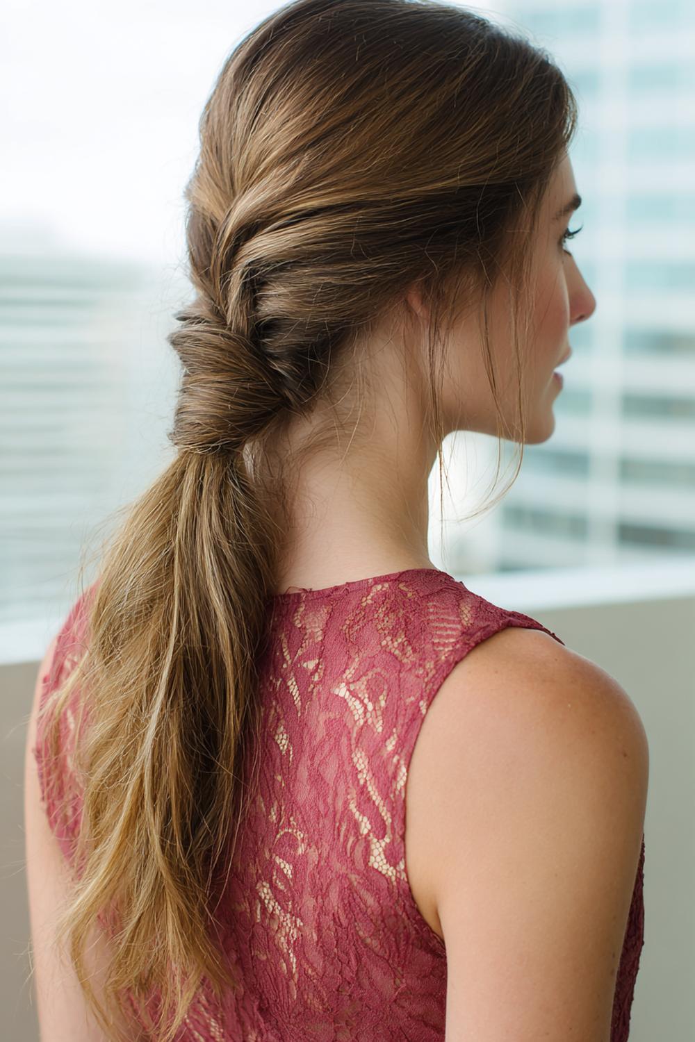 4. Simple Hairstyles for Long Hair: Low Twisted Ponytail With Side Part