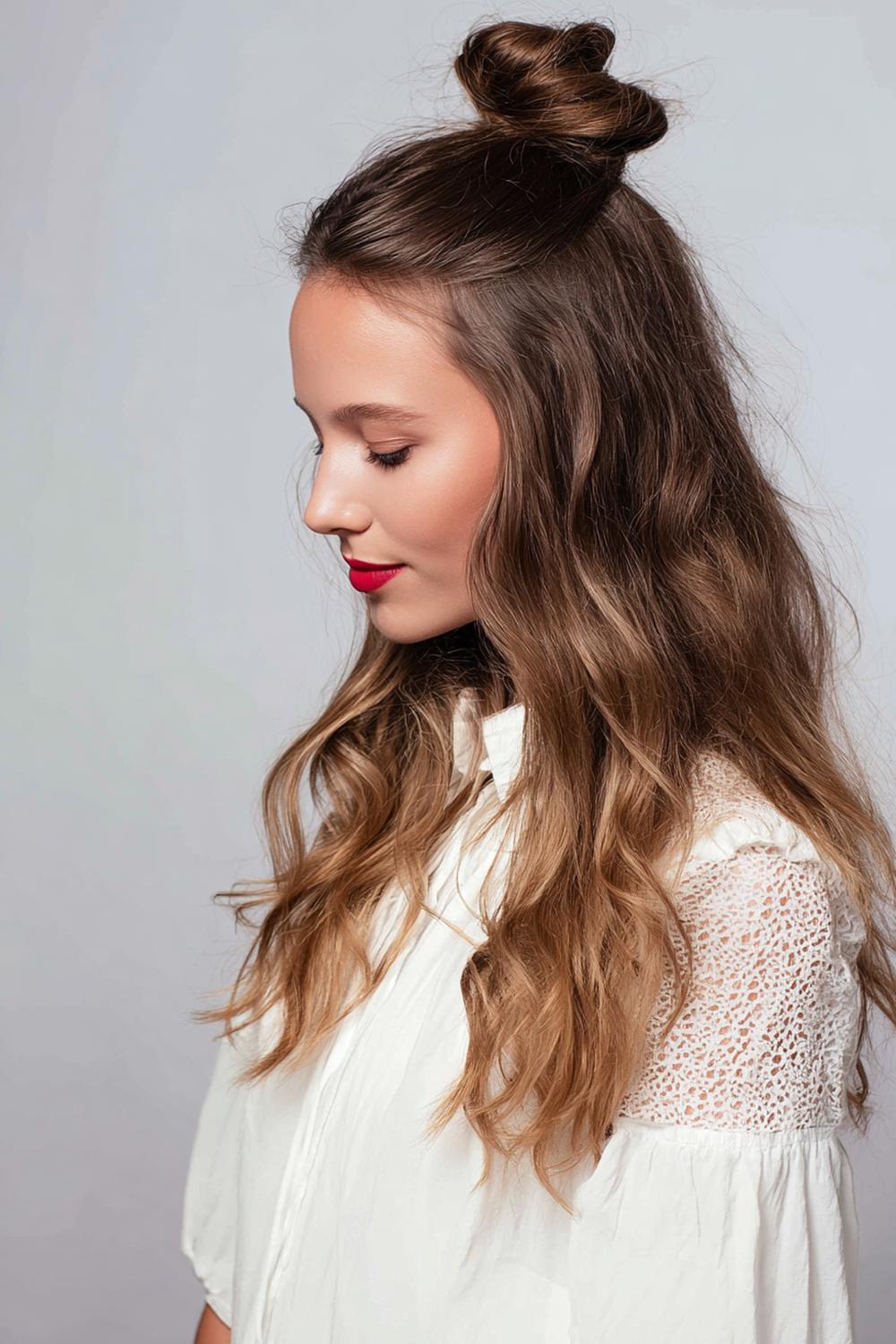5. Simple Hairstyles for Long Hair: Half-Up Top Knot With Loose Waves