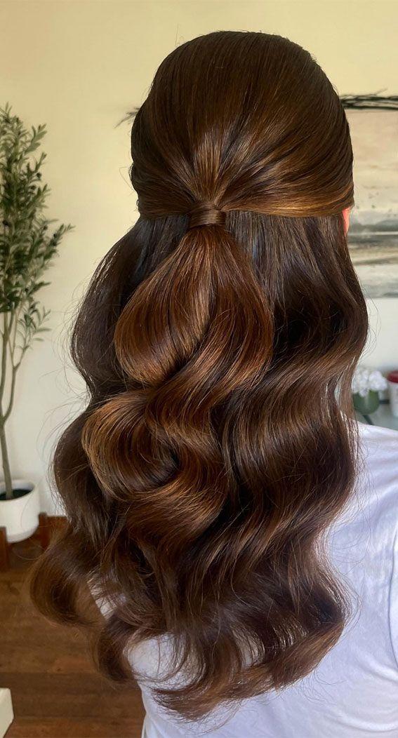 Sleek half up Hollywood waves