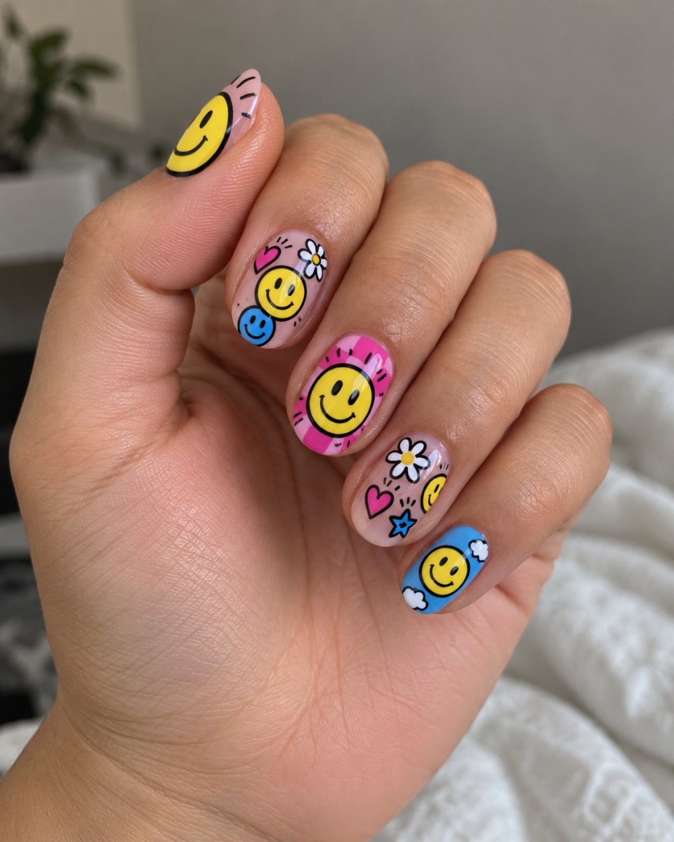 Cartoon smiley nail design