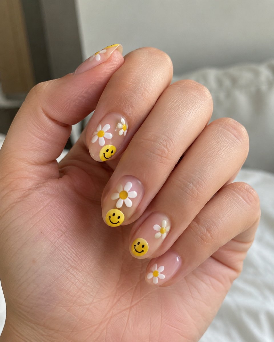 Smiley daisy nail design