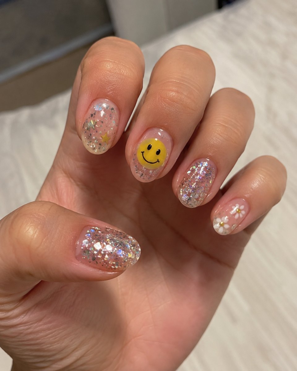 Glitter smiley face nail