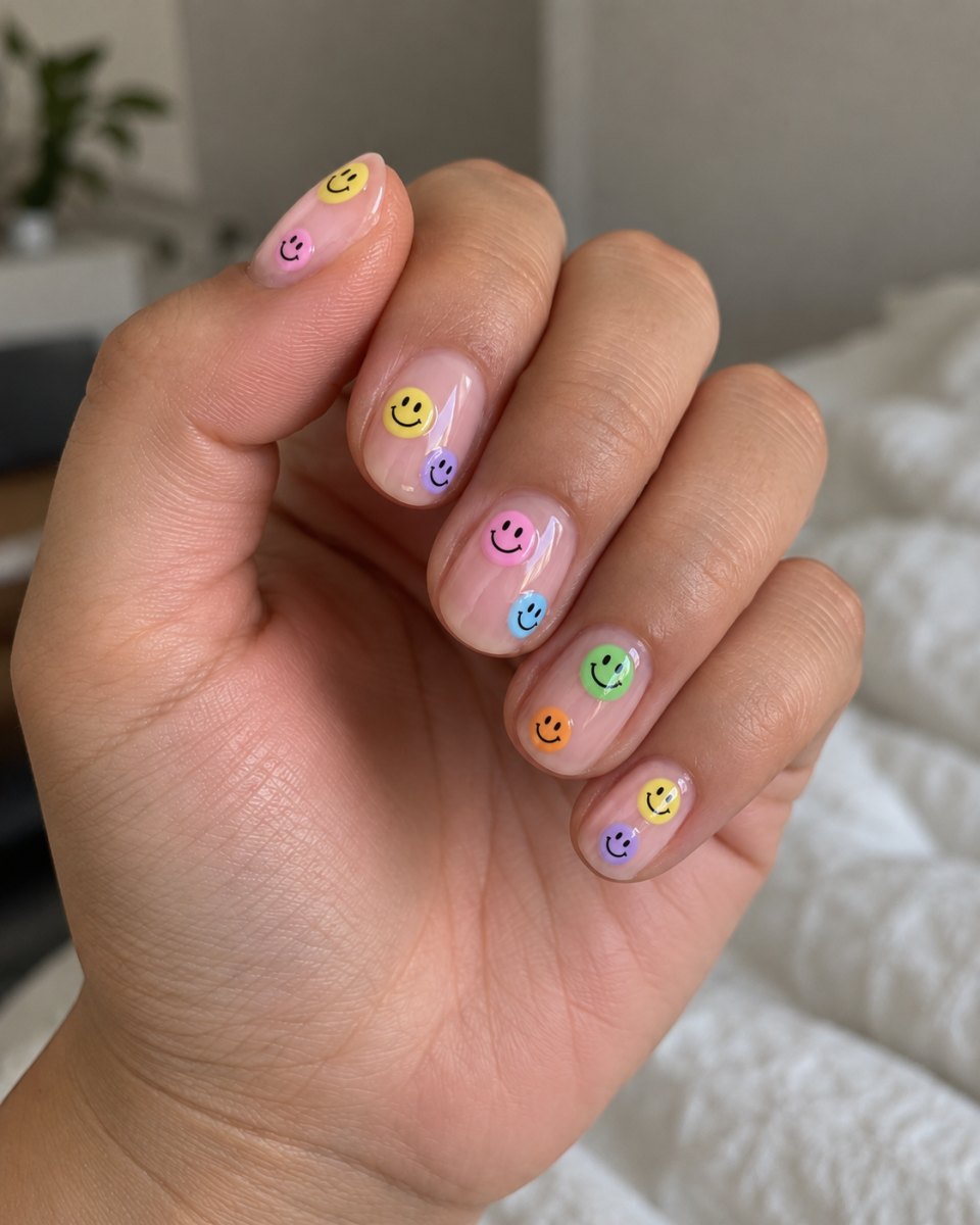 Smiley face sticker nail look