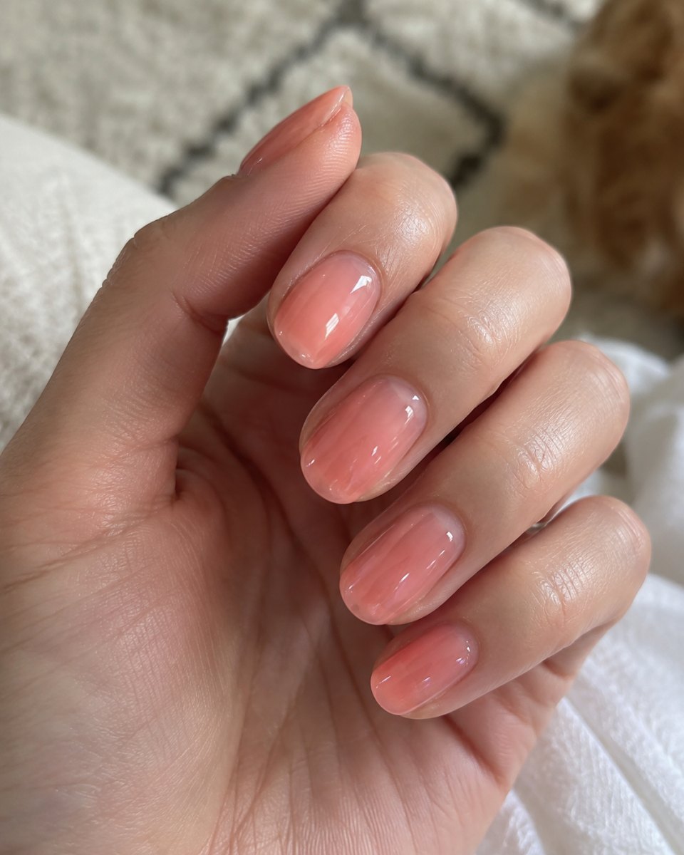 Soft coral pink glassy gel nails