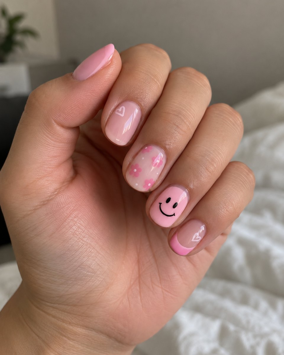Soft pink smiley nail style