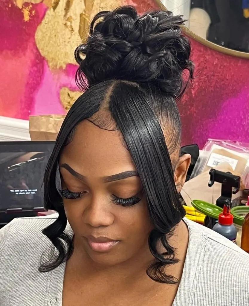 Spiky bun with sleek side strands