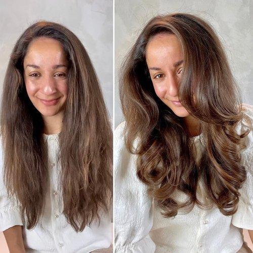 Caramel blonde modern 90s blowout hair look