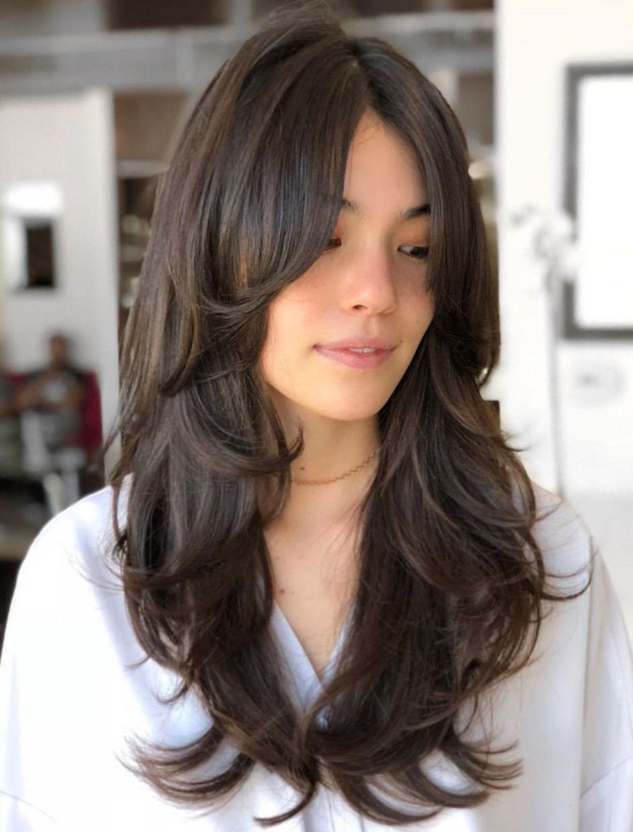 Thick hair long layers curtain bangs