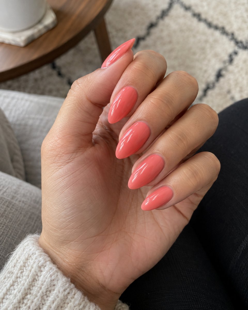Vibrant coral mirror gloss nails