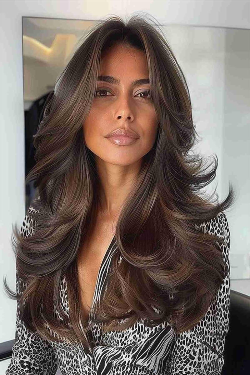 Feathered long layers curtain bangs volume