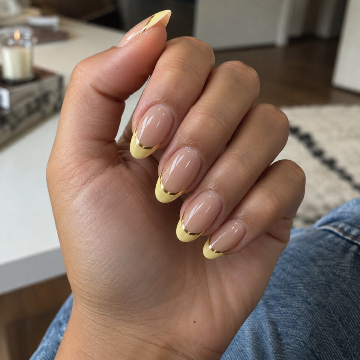Yellow metallic edge French nails
