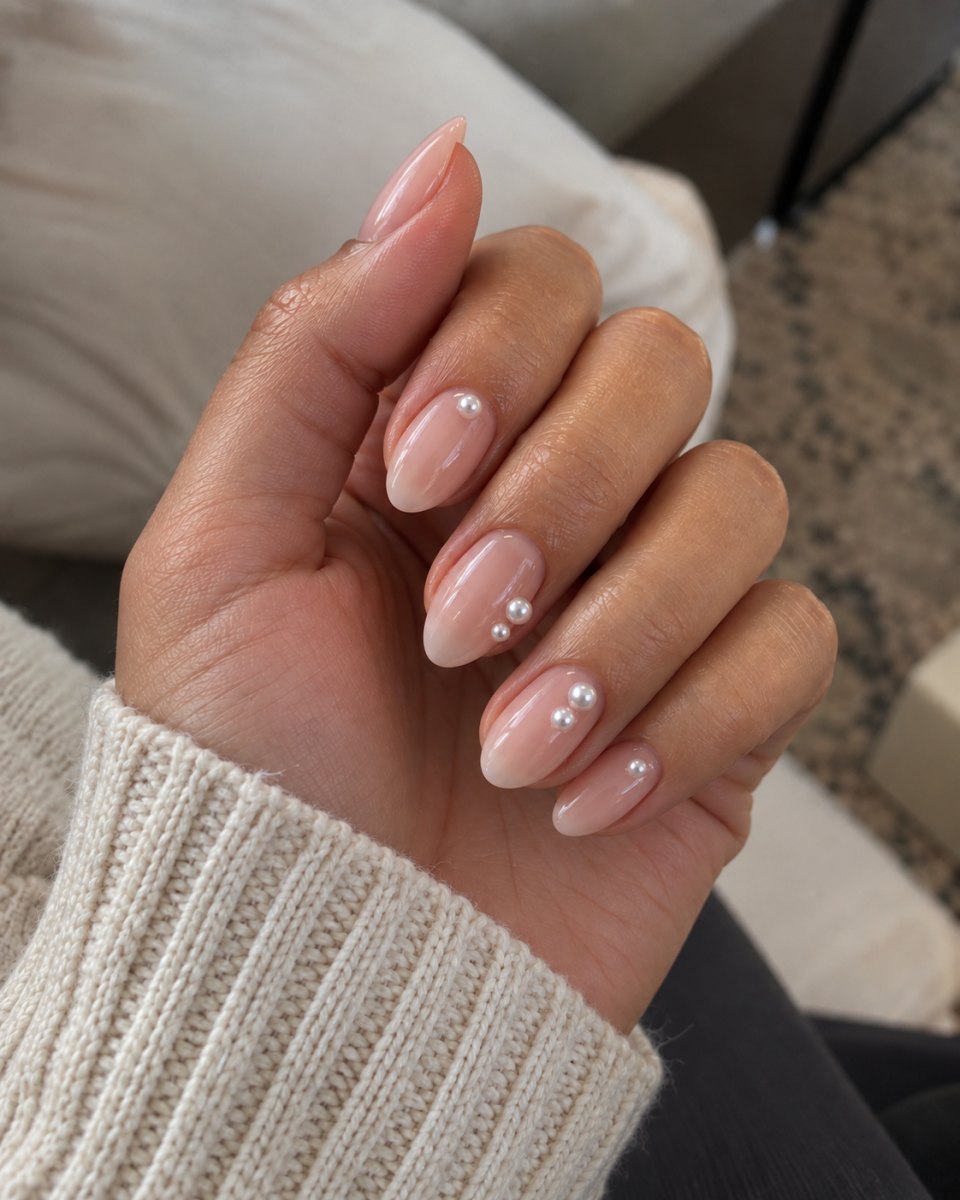 Pearl accent nude nails